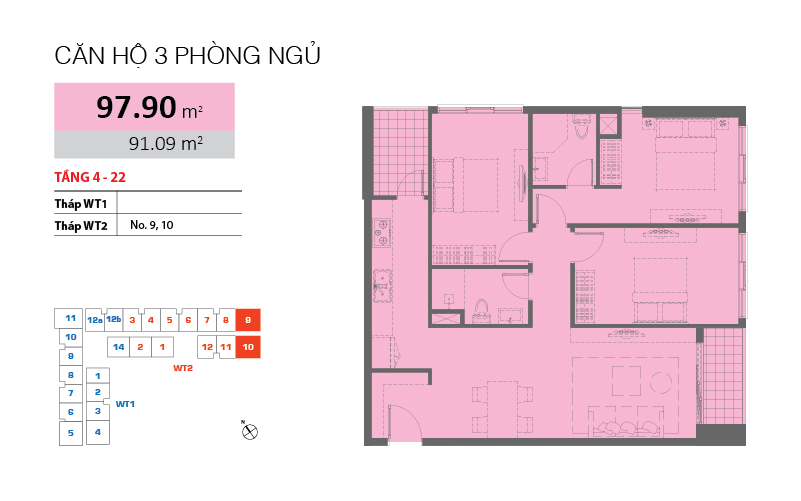 Căn hộ 3 phòng ngủ diện tích 97.90m2 tại căn hộ Wilton Tower