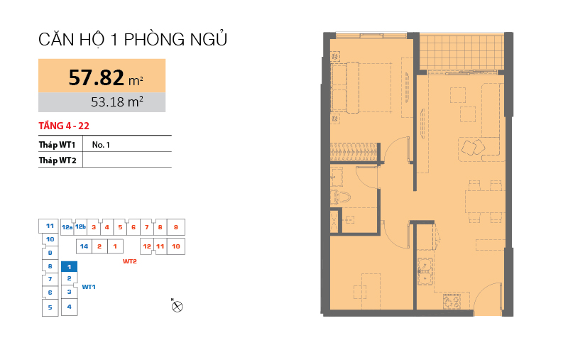 Căn hộ 1 phòng ngủ diện tích 57.82m2 tại căn hộ Wilton Tower