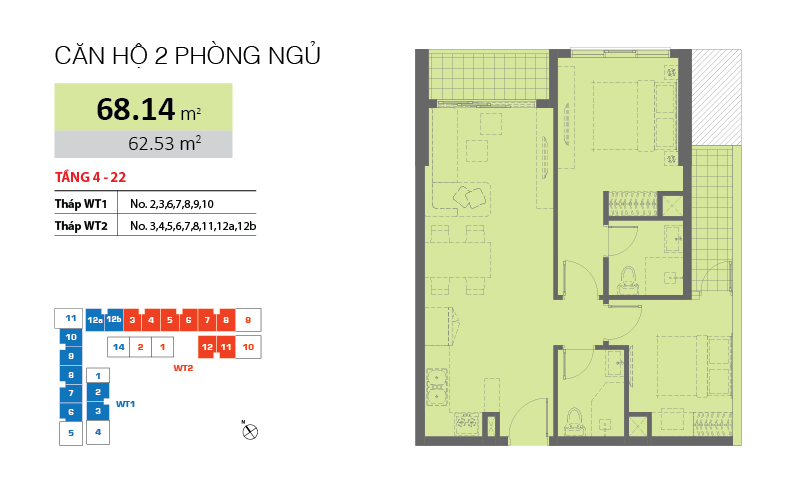 Căn hộ 2 phòng ngủ diện tích 68.14 tại căn hộ Wilton Tower