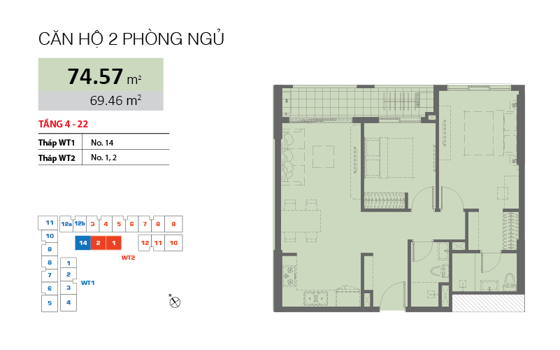 Căn hộ 2 phòng ngủ diện tích 74.57m2 tại căn hộ Wilton Tower