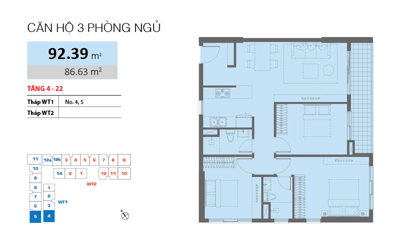 Căn hộ 3 phòng ngủ diện tích 92.39m2 tại căn hộ Wilton Tower