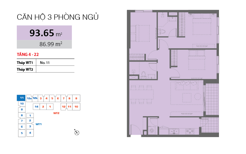 Căn hộ 3 phòng ngủ diện tích 93.65m2 tại căn hộ Wilton Tower